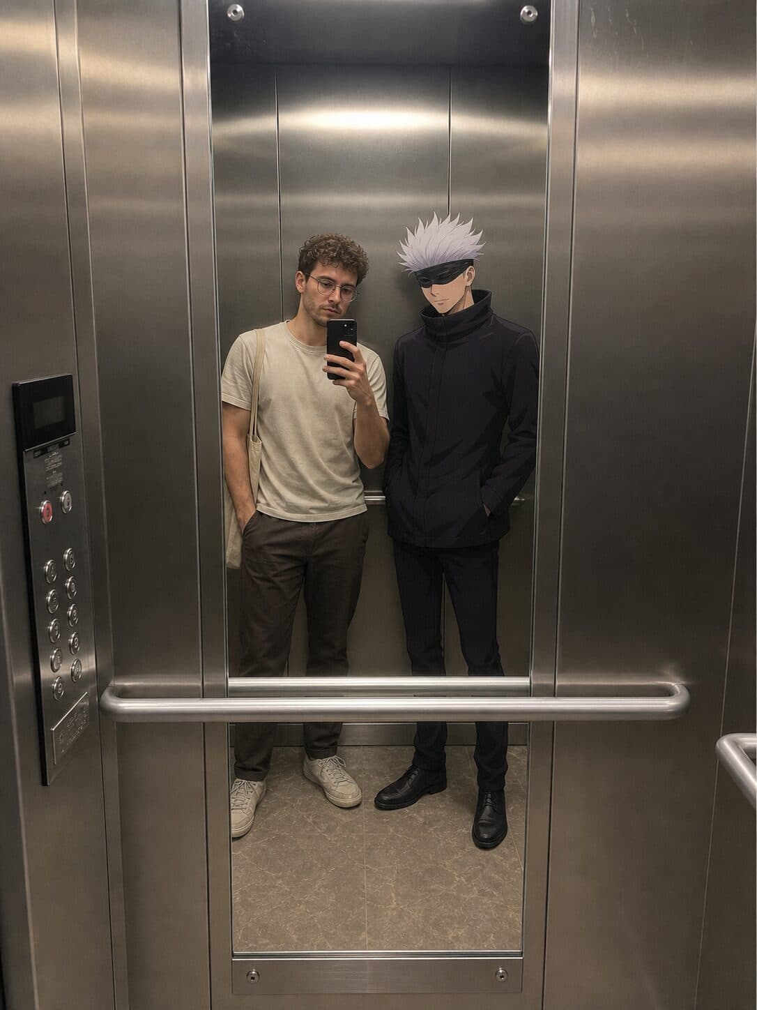 Edited elevator photo with a mysterious figure